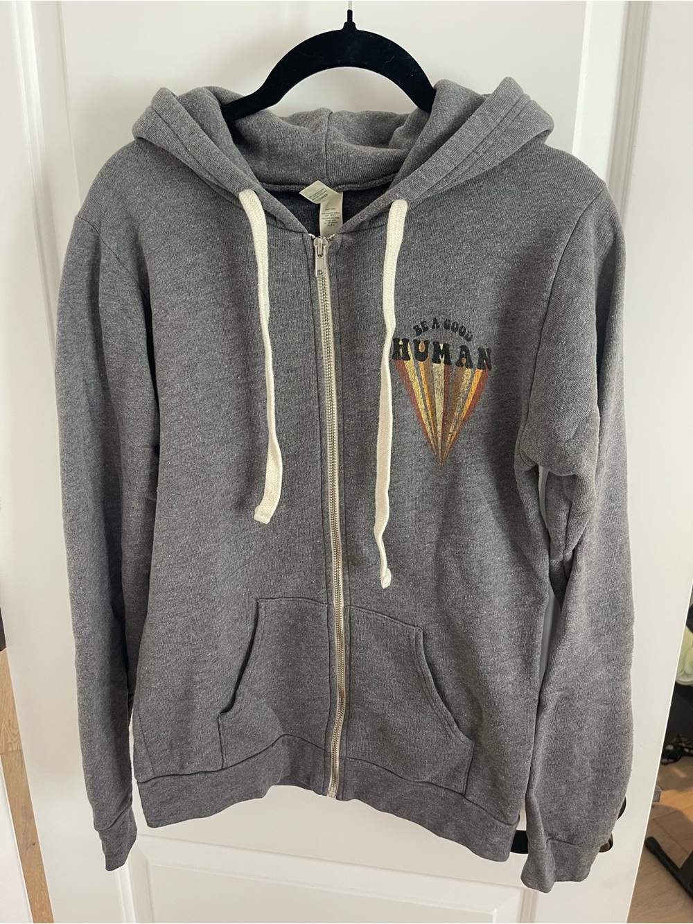 Gray Zip-Up Hoodie with 'Be A Good Human' Chest Graphic
